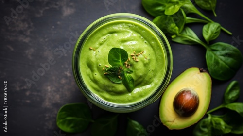 Refreshing green smoothie with apple  avocado blend  in a jar  health in every sip  top view.