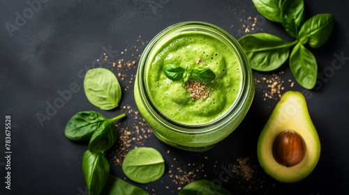 Refreshing green smoothie with apple, avocado blend, in a jar, health in every sip, top view.