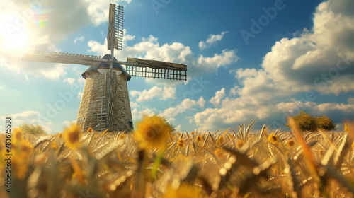 Countryside landscape with old windmill among wheat field and blue sky. Eco tourism. Generative AI