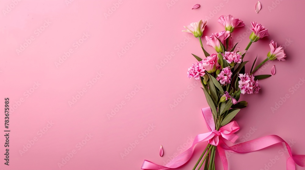 top view of bouquet lies on the studio background