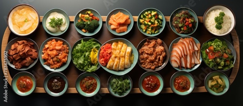 Top view of a set of different types of Japanese food on a black background. photo