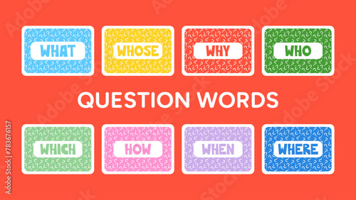 Question words flash cards colorful vector illustration collection. Word learning, school education for children. Teacher lesson resources, games for fun studying