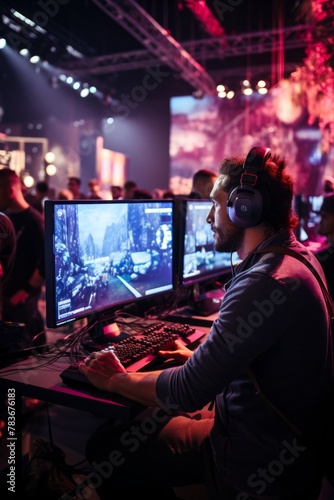 A man is seated in front of two computer monitors, fully immersed in gaming or work. The screens display exclusive content, possibly from a preview event. The individual appears focused and attentive
