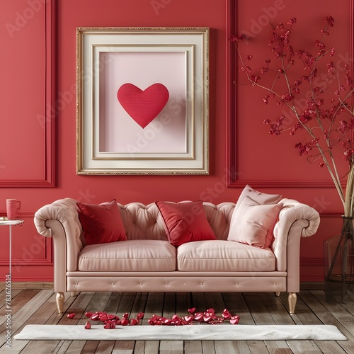 Romantic Haven: Valentine's Room Mockup with Cozy Sofa and Heartfelt D�cor