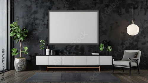 Rustic Elegance: Mockup Frame for Wood Cabinet in Living Room Interior
