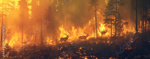 forest fire encroaching on wildlife habitat, with animals fleeing from advancing flames and smoke, illustrating the ecological impacts of wildfires on biodiversity and the challenges of wildlife conse photo