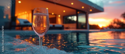 close up champagne glass at pool side with luxurious mansion as background, luxurious lifestyle concept background, Generative Ai photo