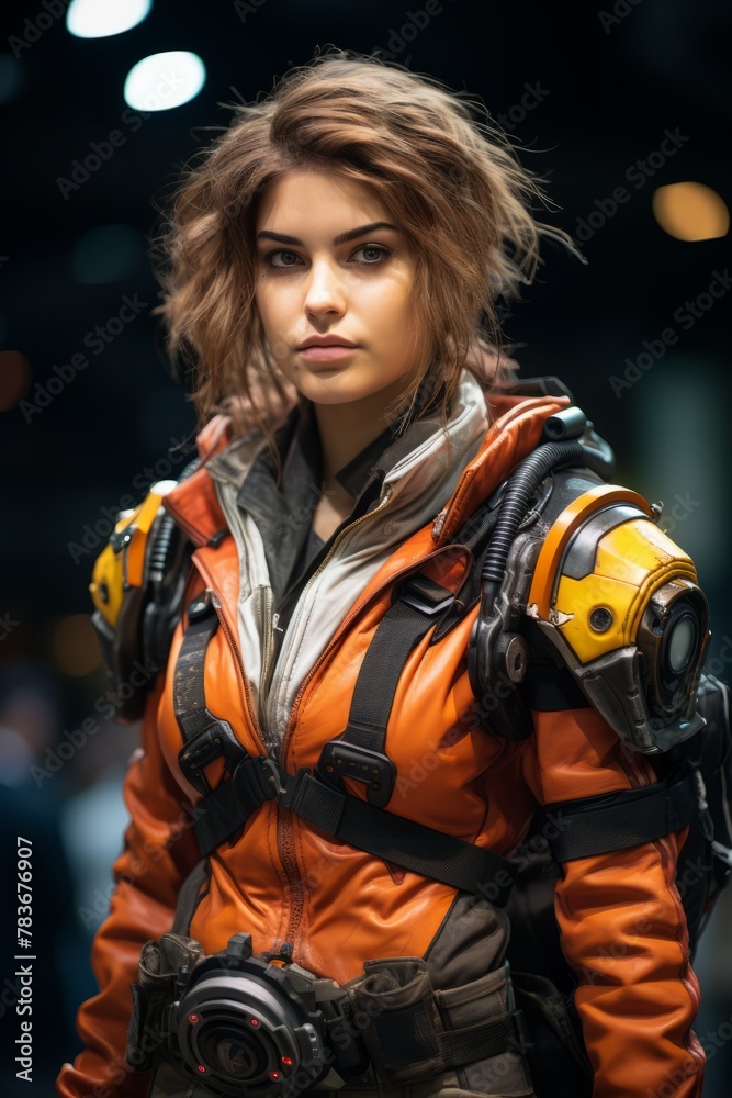 A woman in a futuristic suit is holding a camera, likely attending a cosplay contest at a gaming convention. The suit features advanced technology and is accessorized with the camera for added detail