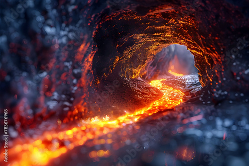 Captivating Subterranean Landscape A Fiery Volcanic Tunnel Ablaze with Molten Lava and Scorching Magma