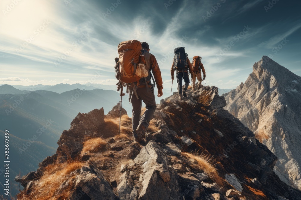 A group of mountaineers is seen hiking up a steep rock face on the side of a mountain. The climbers are working together, navigating the rocky terrain with determination and focus