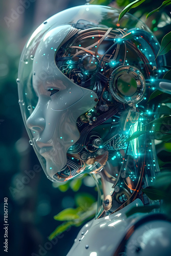 Cyborg Portrait in Futuristic Technological Landscape Amidst Genetic Modification and Nanotechnology