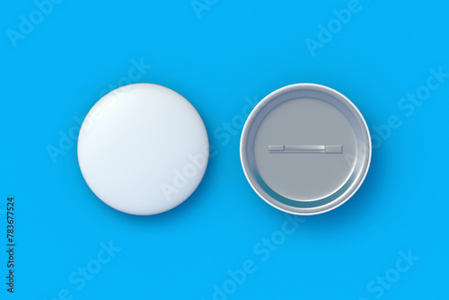 Pin buttons on blue background. Blank badge. Branding identity. Empty tag. Round emblem. Top view. 3d render