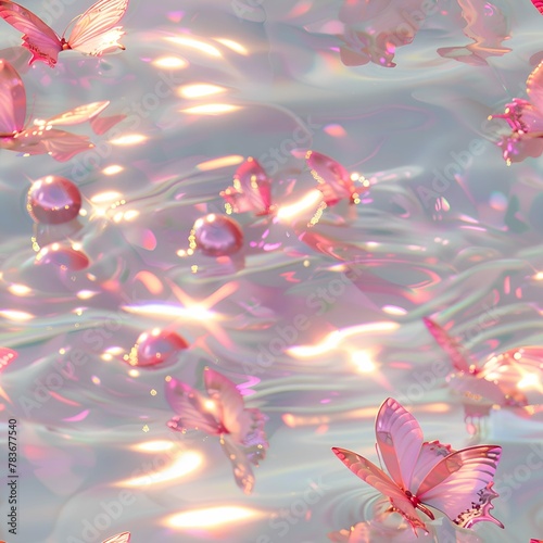 Illustration of pink butterflies with sparkling wings flying over a tranquil, seamless pattern, glistening water surface conveying calmness and serenity