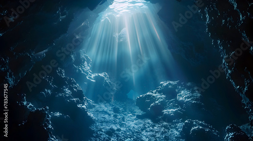 Diving into the Depths of an Enchanting Underwater Cave Illuminated by Ethereal Sunbeams
