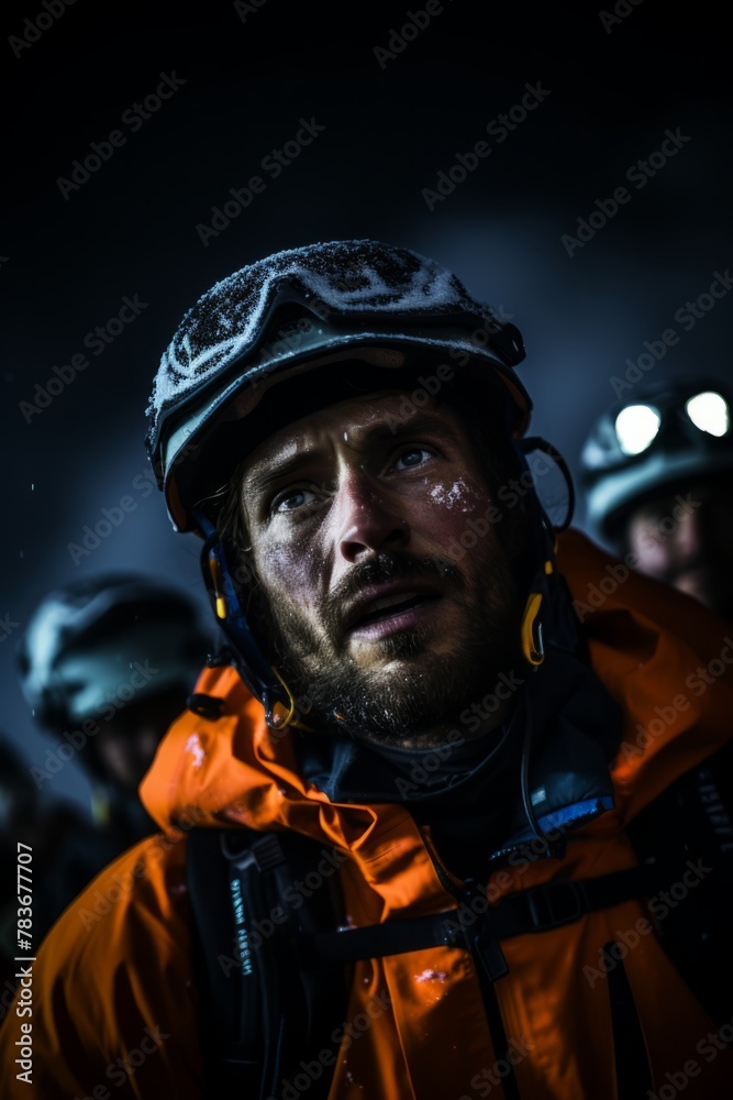 A man wearing a helmet stands in a dark environment. The setting seems to be dimly lit, emphasizing the helmeted mans presence in the darkness A man wearing a helmet stands in a dark environment. The setting seems to be dimly lit, emphasizing the helmeted mans presence in the darkness