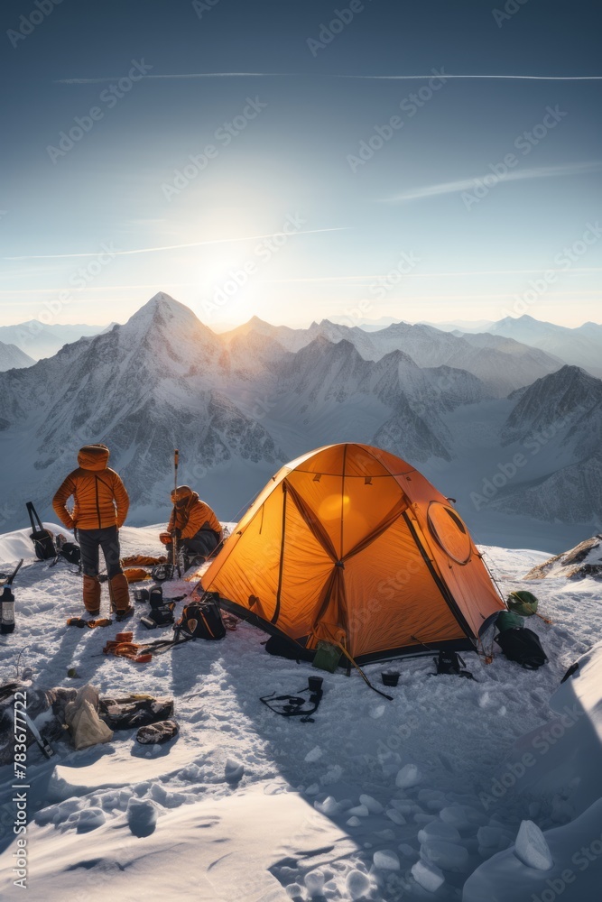 A team of alpinists setting up a high camp on a remote snow-covered mountain peak. The group is gathered around a tent, preparing for their stay in the harsh mountain environment