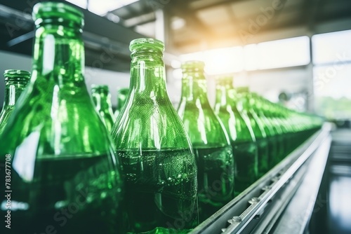 Automated production line of bottling beverages in plastic bottles at hygienic factory