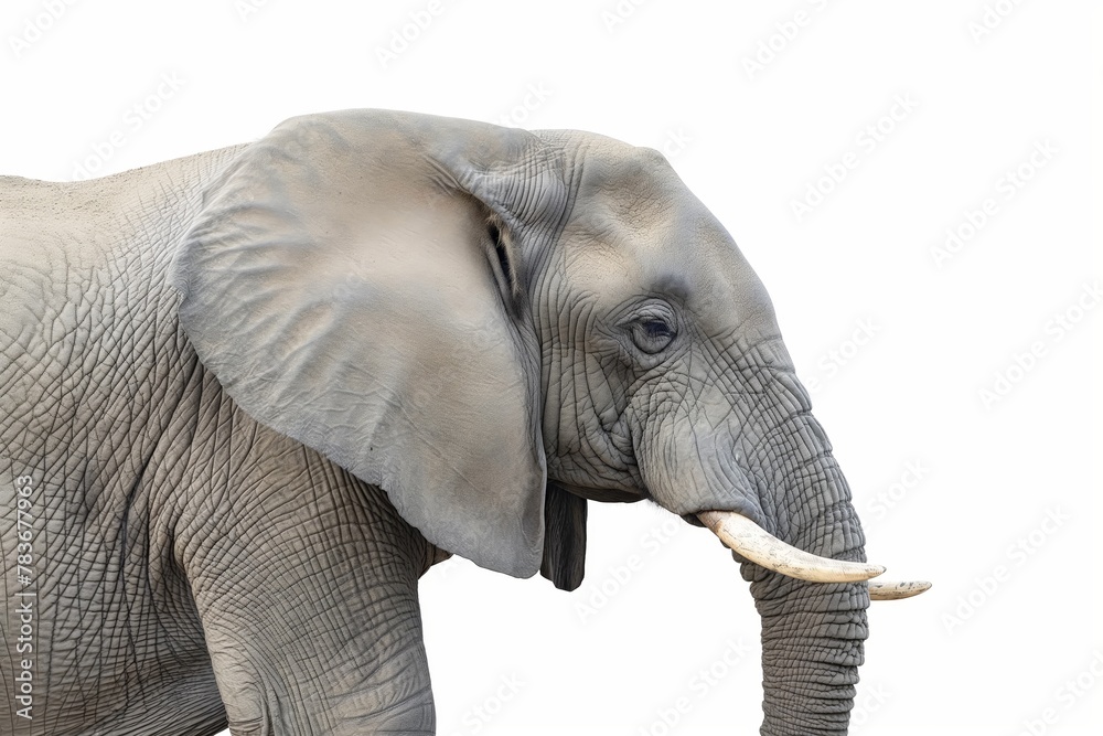 Side profile of an elephant isolated on white, showcasing the texture and detail of its skin.