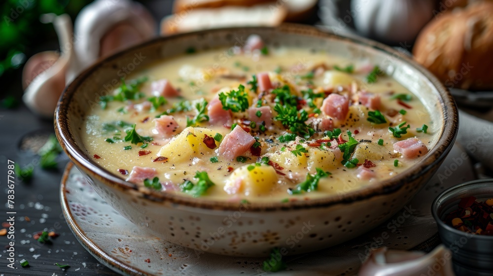 Easy Slow Cooker Cheesy Potato Soup with Ham. On a plate. Easy Slow Cooker Cheesy Potato Soup with Ham. On a plate.