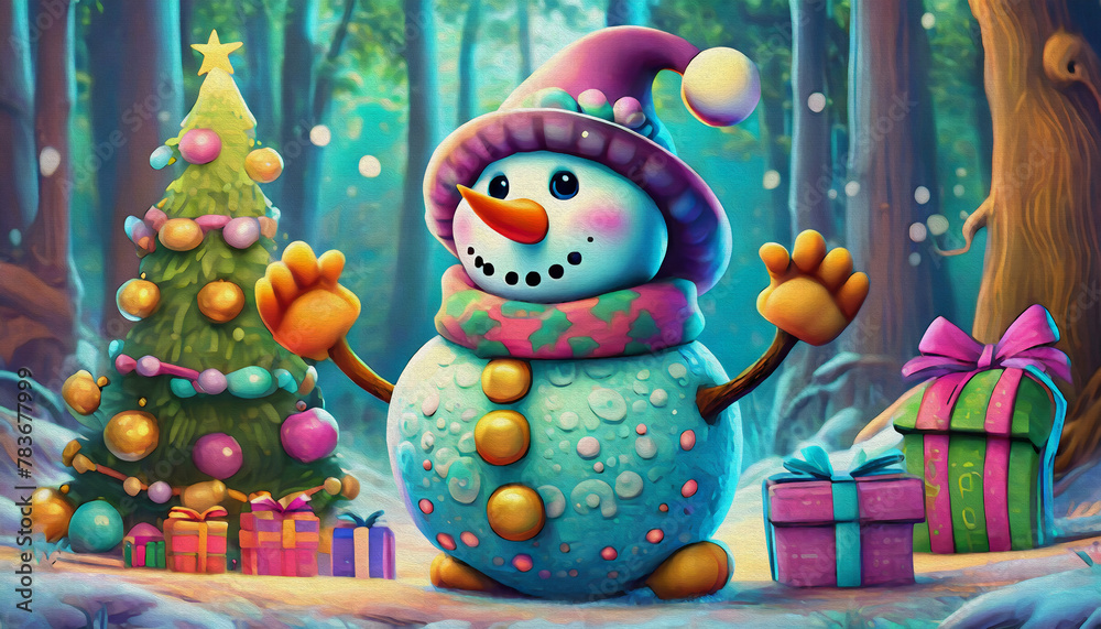 OIL  PAINTING STYLE Cartoon character snowman with christmas tree and gifts  illustration for children., christmas, snowman,
