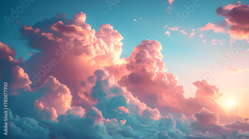 Radiant Sunset Sky with Fluffy Cloud Formations, Generative AI