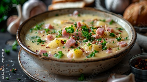  Easy Slow Cooker Cheesy Potato Soup with Ham. On a plate. 