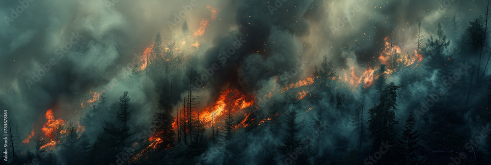 Devastating Forest Fire Engulfing Trees and Causing Smoke Haze