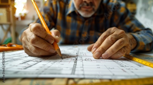 Architect marking blueprints for home renovation project. 