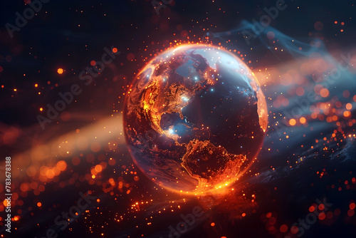 Glowing Planetary Sphere in Fiery Sci Fi Landscape Symbolizing Environmental Challenges and Technological Advancements