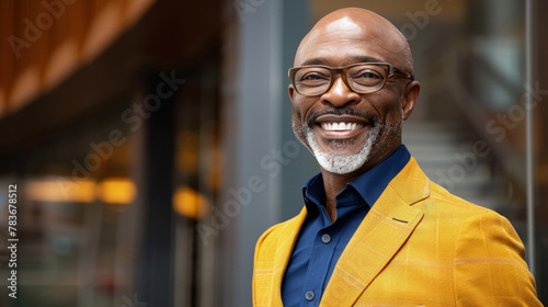 African American man wearing a yellow jacket and glasses stands outdoors
