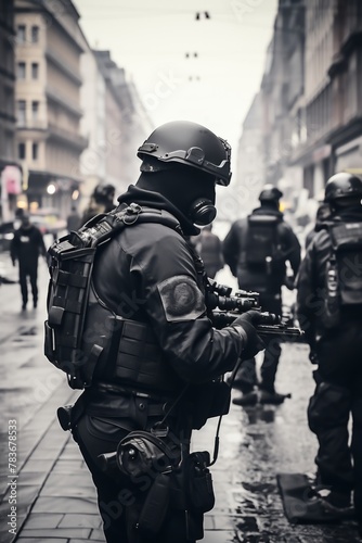 A group of police officers, in full uniform, are seen walking down a street in an urban setting. They appear to be on patrol or responding to a call, maintaining a vigilant stance