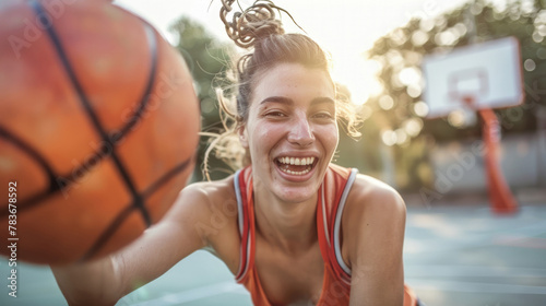 A young woman joyfully smiles while holding a basketball in her hands