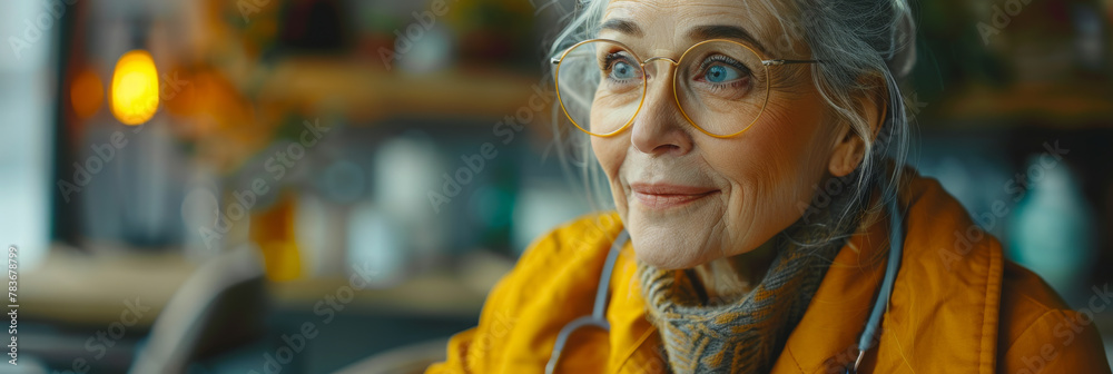 Elegant Senior Woman with Glasses Enjoying Cozy Atmosphere
