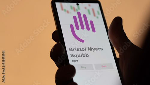 April 09th 2024 , New York City, New York. Close up on logo of Bristol Myers Squibb on the screen of an exchange. Bristol Myers Squibb price stocks, $BMY on a device. photo