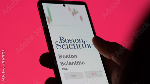 April 09th 2024 , Marlborough, Massachusetts. Close up on logo of Boston Scientific on the screen of an exchange. Boston Scientific price stocks, $BSX on a device. photo