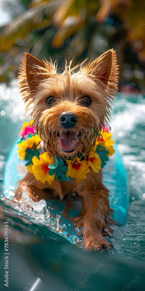 Adorable Yorkshire Terrier Enjoying Pool Time with Vibrant Lei