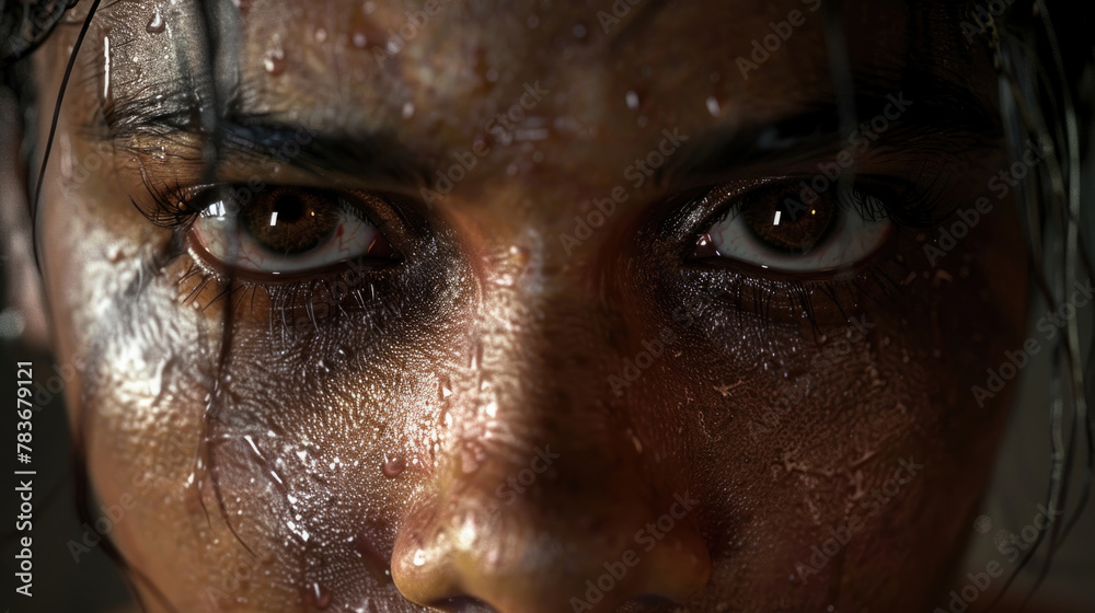 Close-up view of a womans face completely covered in thick mud, showcasing earthy tones and texture