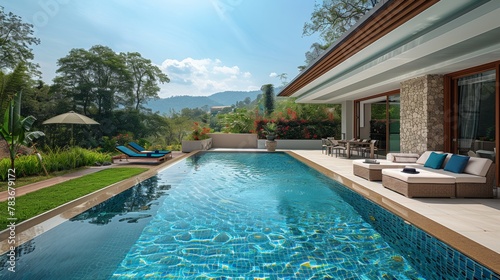 Sunny idyllic swimming pool and summer garden , villa, house