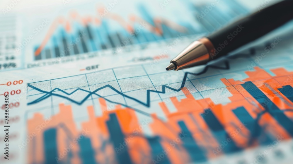 Detailed view of financial graphs and bar charts with a pen, depicting market trends and business analysis. Detailed view of financial graphs and bar charts with a pen, depicting market trends and business analysis.