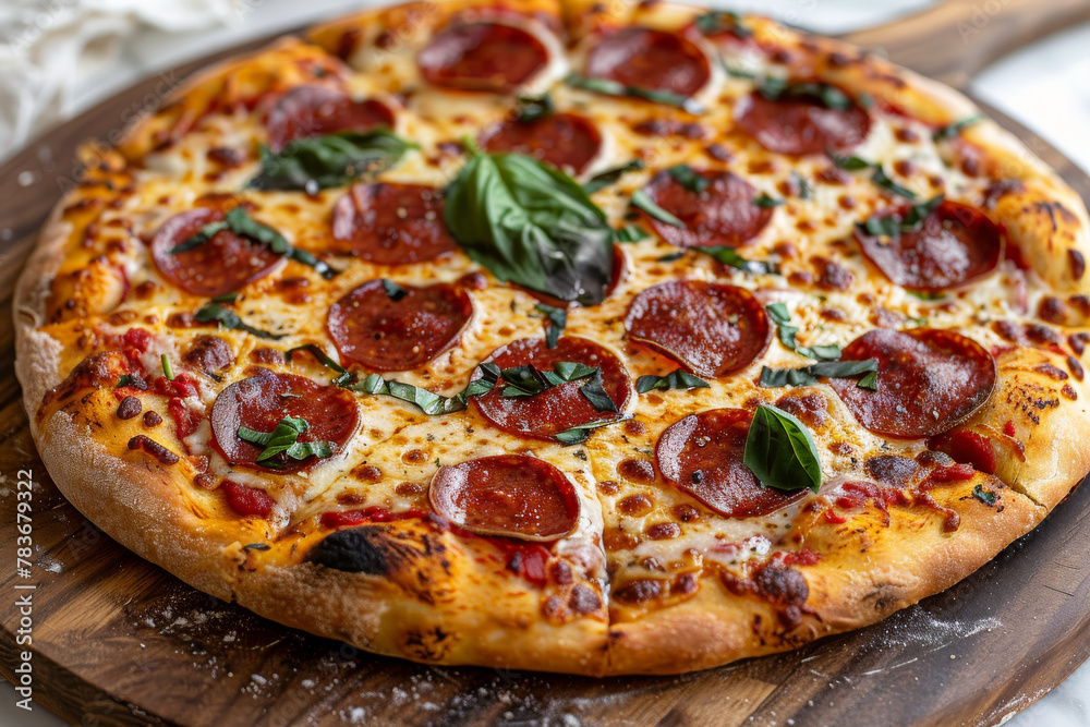 Delicious Pepperoni Pizza with Fresh Basil and Melted Cheese