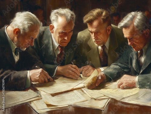 Four men are sitting at a table, writing on a piece of paper. Scene is serious and focused, as the men appear to be engaged in a discussion or working on a project photo