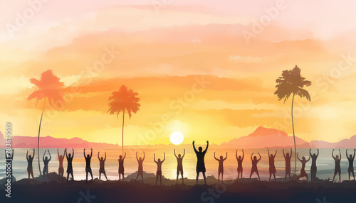 A group of people are doing yoga on a beach at sunset