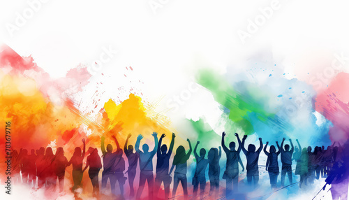 A group of people are standing in a rainbow of colors