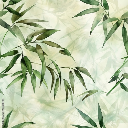 Soft watercolor bamboo leaves, seamless, zen and lights. Seamless Pattern, Fabric Pattern, Tumbler Wrap, Mug Wrap.