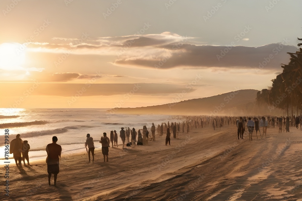 People on seashore during golden hour Generative AI