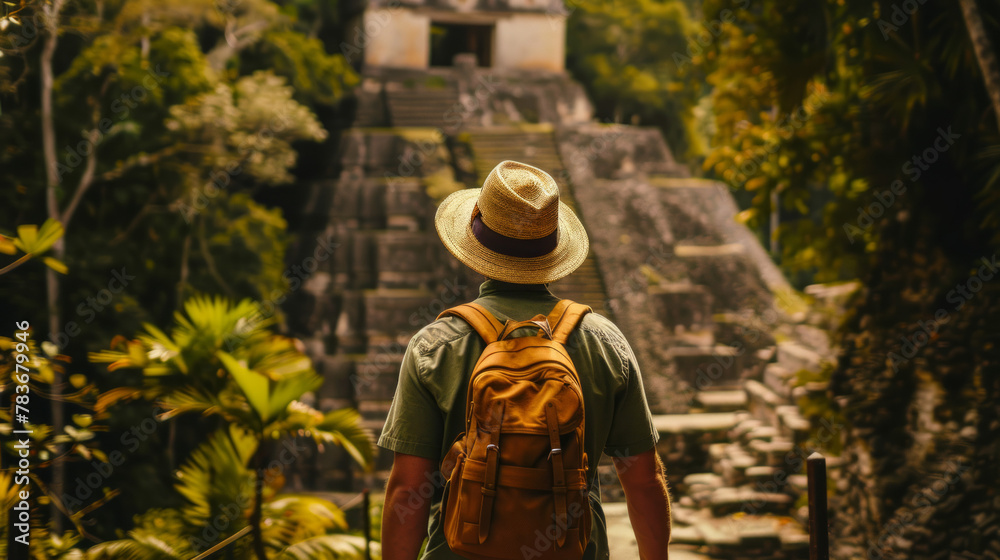 Tourist in the jungle with a backpack and a hat. Tourism in the ancient city Mayan pyramids