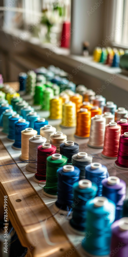 Colorful Array of Sewing Thread Spools on Wooden Surface Colorful Array of Sewing Thread Spools on Wooden Surface