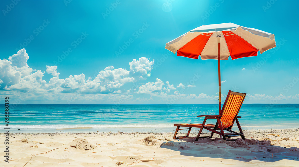 A beach chair reclined under a parasol at a beautiful tropical beach