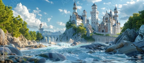Majestic Castle Perched Atop Rugged Cliff with Towering Turrets and Sweeping Battlements Over Rushing River photo