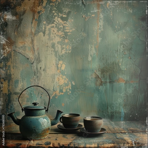 Grunge Elegance: Rustic Tea Scene with Kettle and Cups, Infusing Charm with a Touch of Rustic